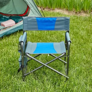 Padded Folding Outdoor Chair with Storage Pockets, Lightweight Oversized Directors Chair, Blue/Grey