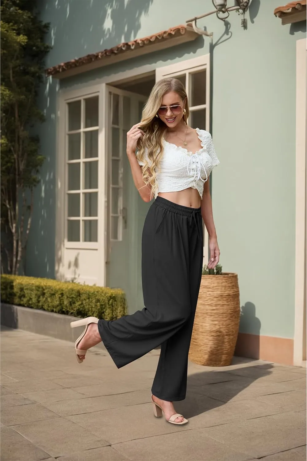 Pants for Women Loose Casual Long Open Front Breathable Pant with Pockets