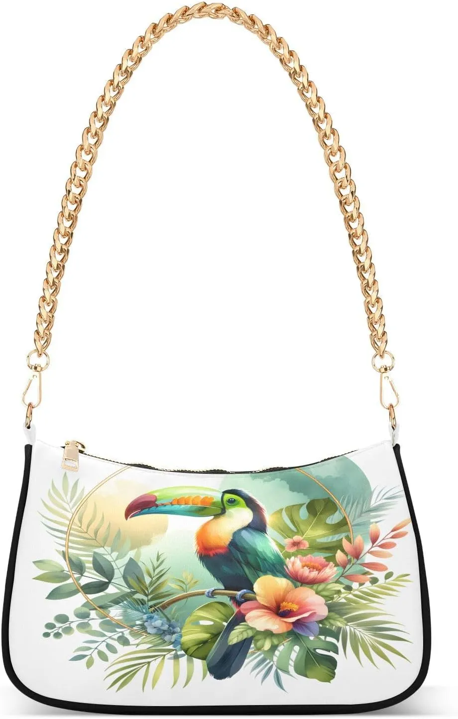 Parrot Flower Palm Leaves Chain Shoulder Bag Hobo Tote Handbag Mini Clutch Purse with Zipper Closure for Women