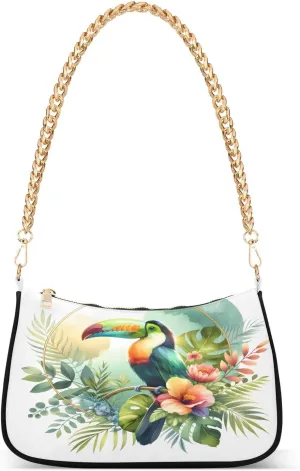 Parrot Flower Palm Leaves Chain Shoulder Bag Hobo Tote Handbag Mini Clutch Purse with Zipper Closure for Women