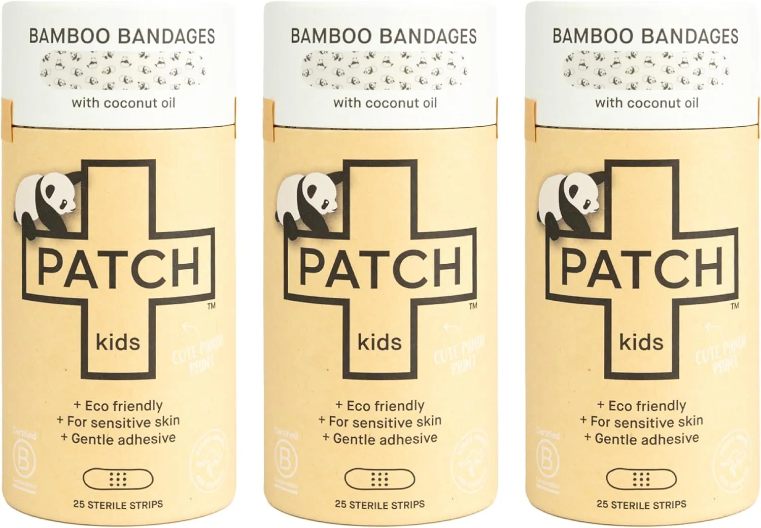 PATCH Eco-Friendly Bamboo Adhesive Sensitive Skin Bandages with Coconut Oil, Hypoallergenic Bandages for Sensitive Skin, Cute Kids Panda Print, Biodegradable, Plastic & Latex Free, 25 Count - 3pk