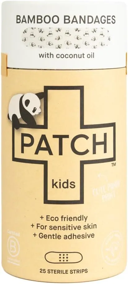PATCH Eco-Friendly Bamboo Adhesive Sensitive Skin Bandages with Coconut Oil, Hypoallergenic Bandages for Sensitive Skin, Cute Kids Panda Print, Biodegradable, Plastic & Latex Free, 25 Count - 3pk