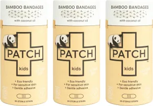 PATCH Eco-Friendly Bamboo Adhesive Sensitive Skin Bandages with Coconut Oil, Hypoallergenic Bandages for Sensitive Skin, Cute Kids Panda Print, Biodegradable, Plastic & Latex Free, 25 Count - 3pk
