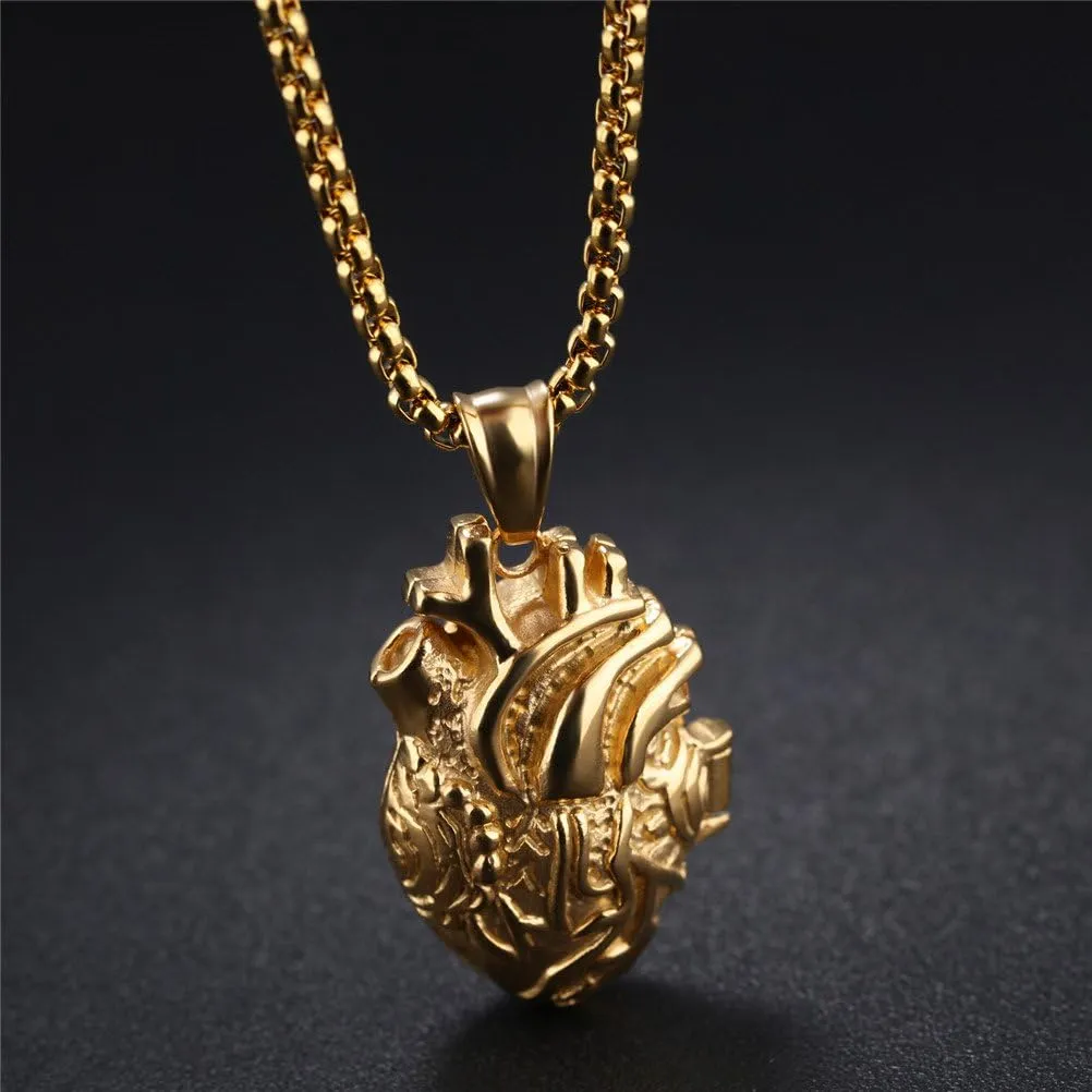 PAURO Men's Stainless Steel Anatomical Heart Pendant Necklace Black/Gold/Silver, Locket Style