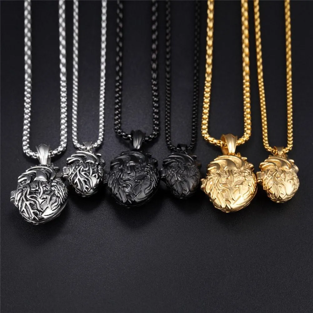PAURO Men's Stainless Steel Anatomical Heart Pendant Necklace Black/Gold/Silver, Locket Style