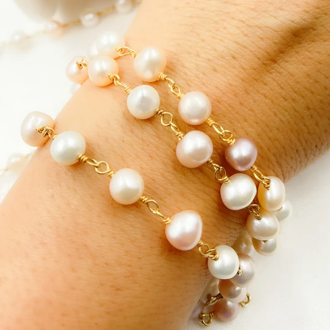 Peach Pearl Round Gold Plated Wire Chain. PRL45