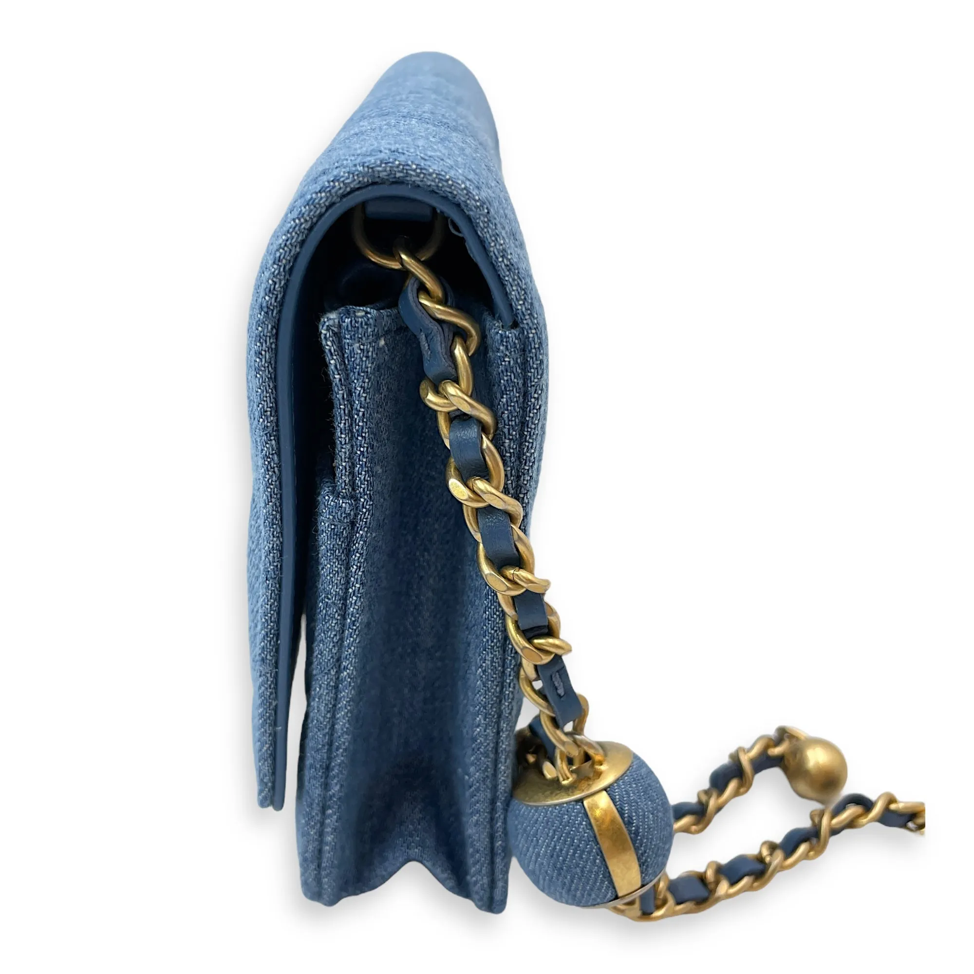 Pearl Crush Blue Wallet on Chain in Denim, Gold hardware