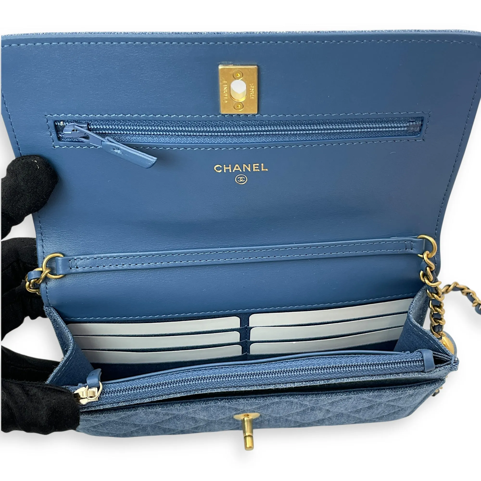 Pearl Crush Blue Wallet on Chain in Denim, Gold hardware