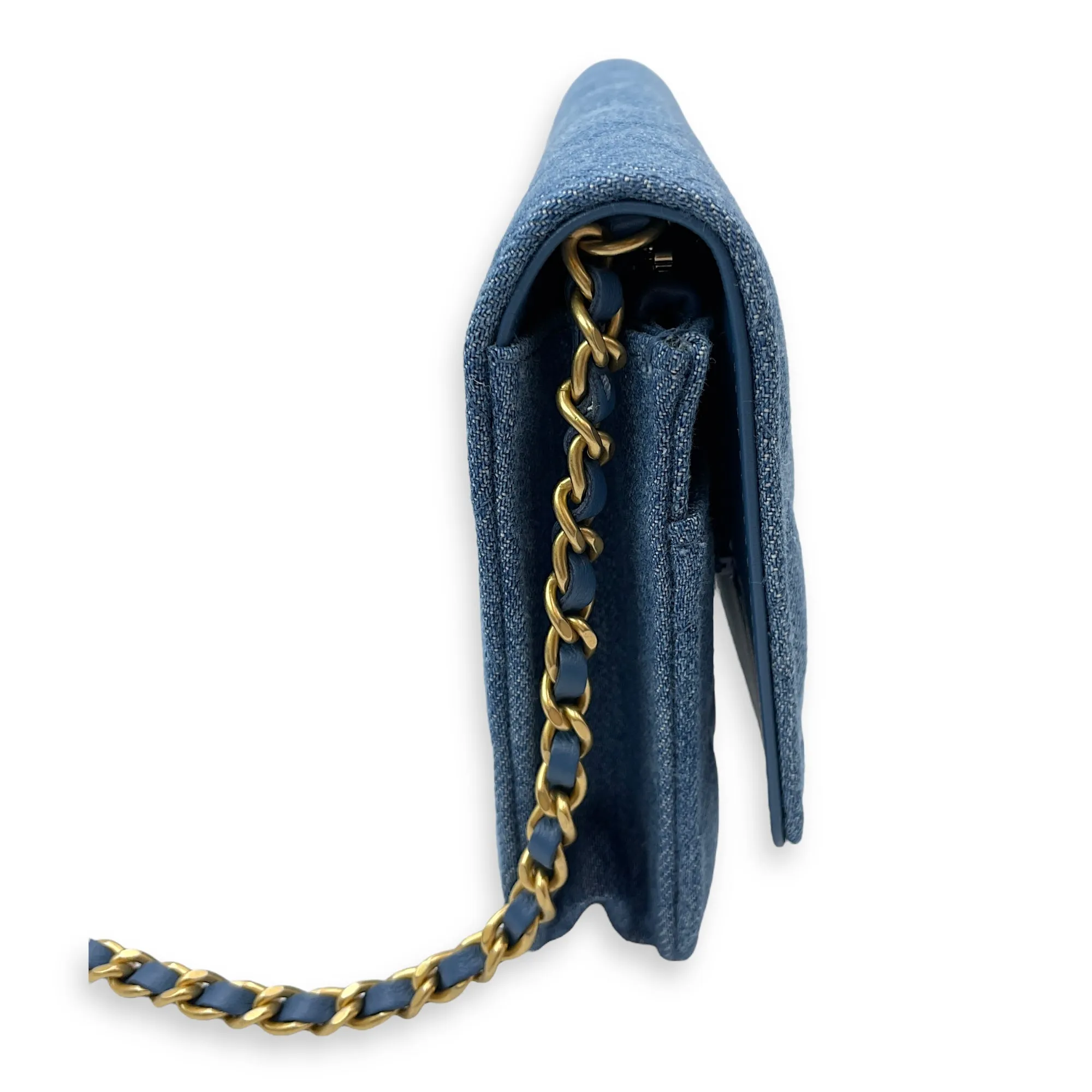 Pearl Crush Blue Wallet on Chain in Denim, Gold hardware