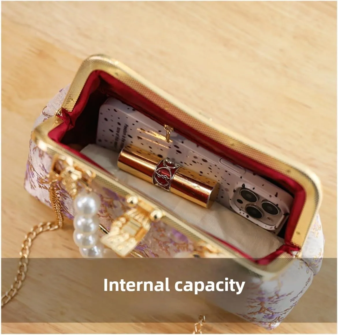 Pearl Evening Bag for Women Lily Pattern Vintage Embroidered Floral Clutch Purse Evening Handbag Shoulder Crossbody Bags