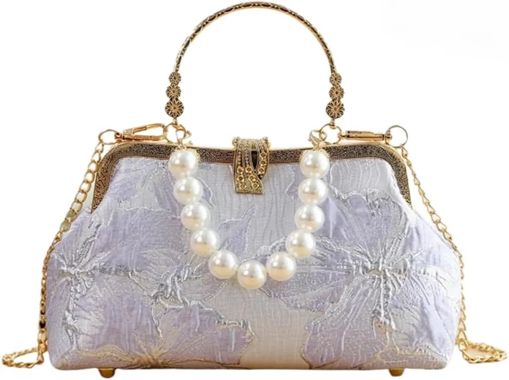 Pearl Evening Bag for Women Lily Pattern Vintage Embroidered Floral Clutch Purse Evening Handbag Shoulder Crossbody Bags