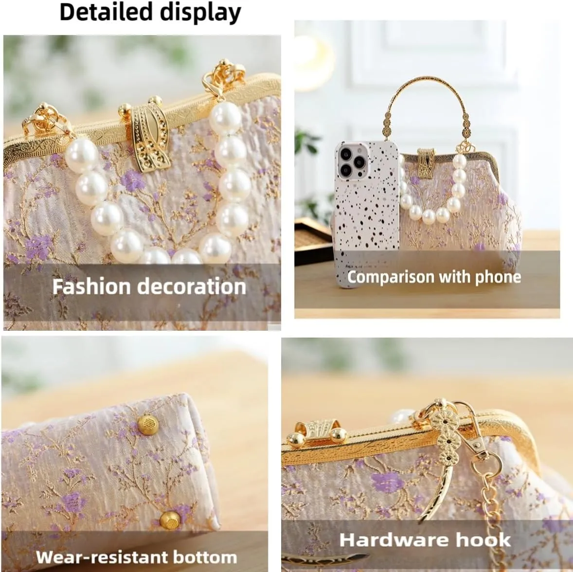 Pearl Evening Bag for Women Lily Pattern Vintage Embroidered Floral Clutch Purse Evening Handbag Shoulder Crossbody Bags