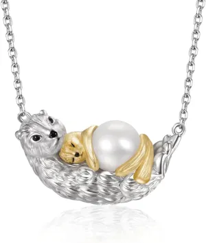 Pearl Otter Necklace, Mother and Baby Design, 10mm Freshwater Pearl, 18 2.5 inch Adjustable Chain, Silver and Gold-Tone for Mother's Day