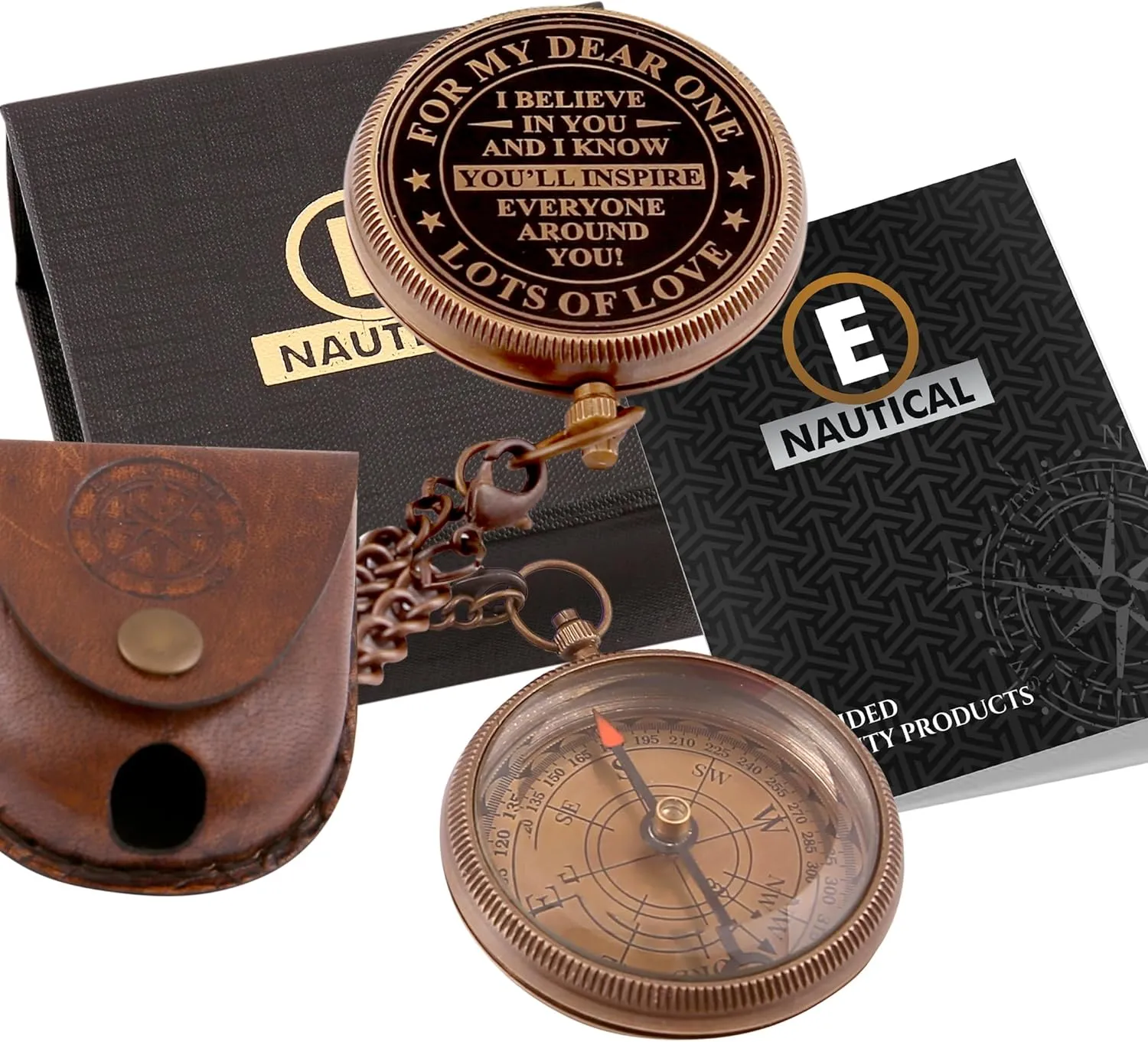 Personalized Brass Compass with Inspirational Quote,for My Dear One, Locket Chain & Leather Case Perfect Best Gifts