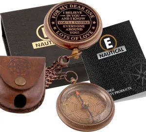 Personalized Brass Compass with Inspirational Quote,for My Dear One, Locket Chain & Leather Case Perfect Best Gifts