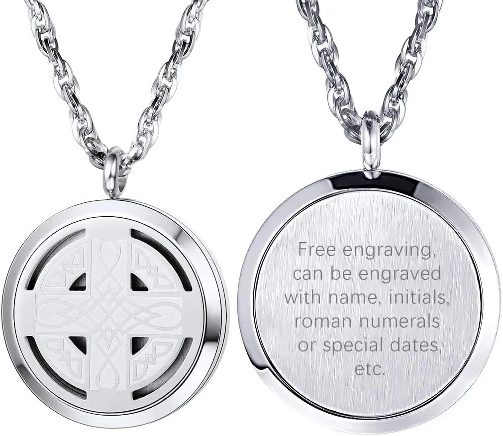Personalized Customize Celtic Knot Cross Diffuser Necklace,Locket,Aromatherapy Necklace,Black Stainless Steel Essential Oil Diffuser,Mens Womens Jewelry,Valentines Day