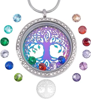 PH PandaHall Family Tree of Life Floating Locket, Memory Locket Charm with Stainless Steel Snake Chain Necklace 12 Birthstones Crystal Dangle Charms for Wedding Bridal Grandmother Grandma Mother Day