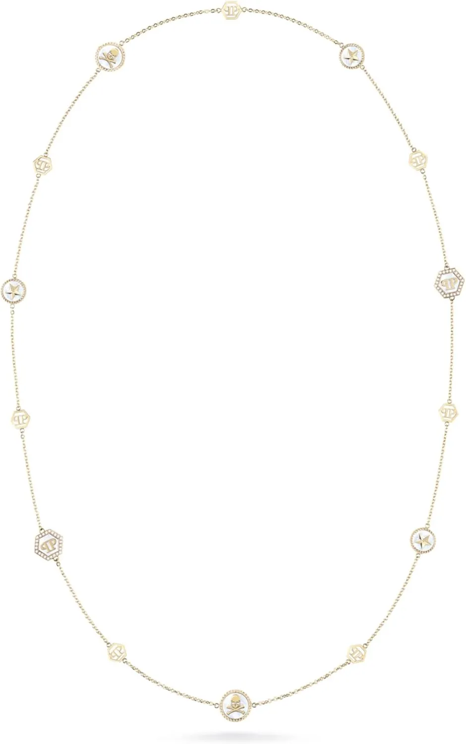 Philipp Plein Womens Plein Mini Logo Gold Plein Mini Logo Crystal Cable Chain Necklace