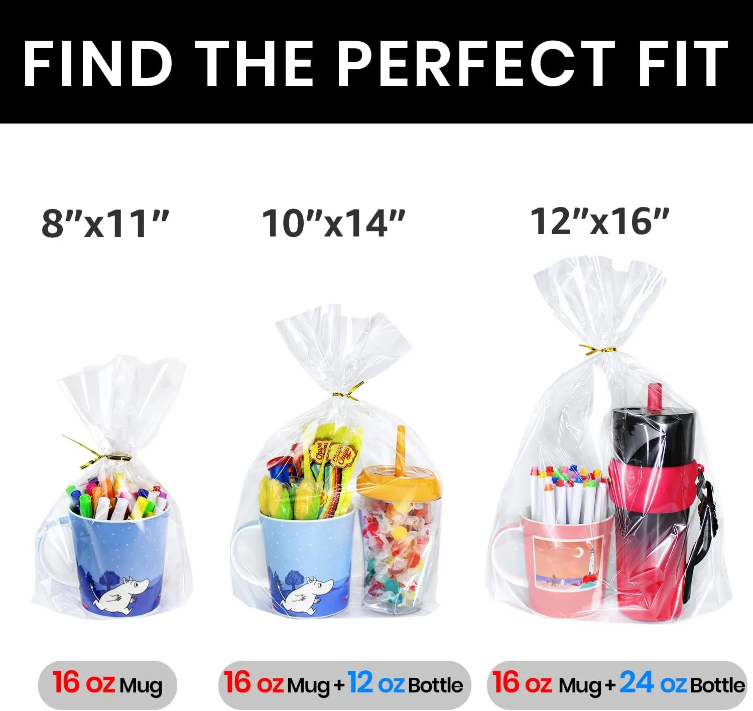 PigPotParty 10"x 14", 50Pcs Bottom Gusset Bags, Clear Plastic Gift Cellophane Mug Treat Goodie Bags with 50x Twist Ties, Large Party Favor Packaging, Toy Wrapping (No Side Gusset)