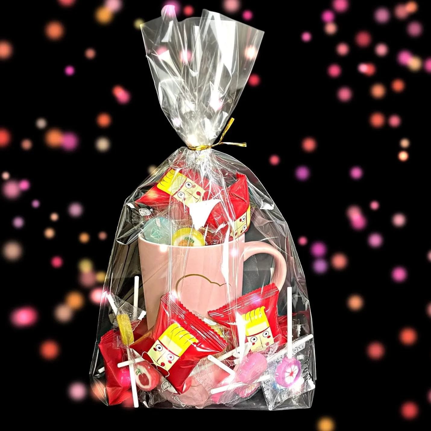 PigPotParty 10"x 14", 50Pcs Bottom Gusset Bags, Clear Plastic Gift Cellophane Mug Treat Goodie Bags with 50x Twist Ties, Large Party Favor Packaging, Toy Wrapping (No Side Gusset)