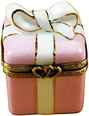 PINK GIFT WRAPPED BOX W/GOLD RIBBON - LIMOGES BOX AUTHENTIC PORCELAIN FIGURINE FROM FRANCE