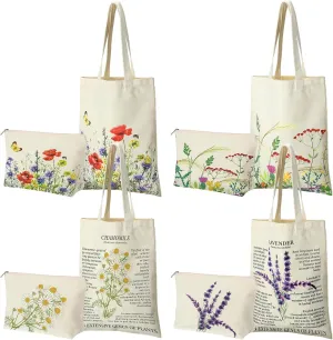 Pinkunn 8 Pcs Floral Tote Bag and Makeup Bag Set Cute Wildflower Canvas Tote Reusable Cosmetic Pouch Women Gifts for Shopping