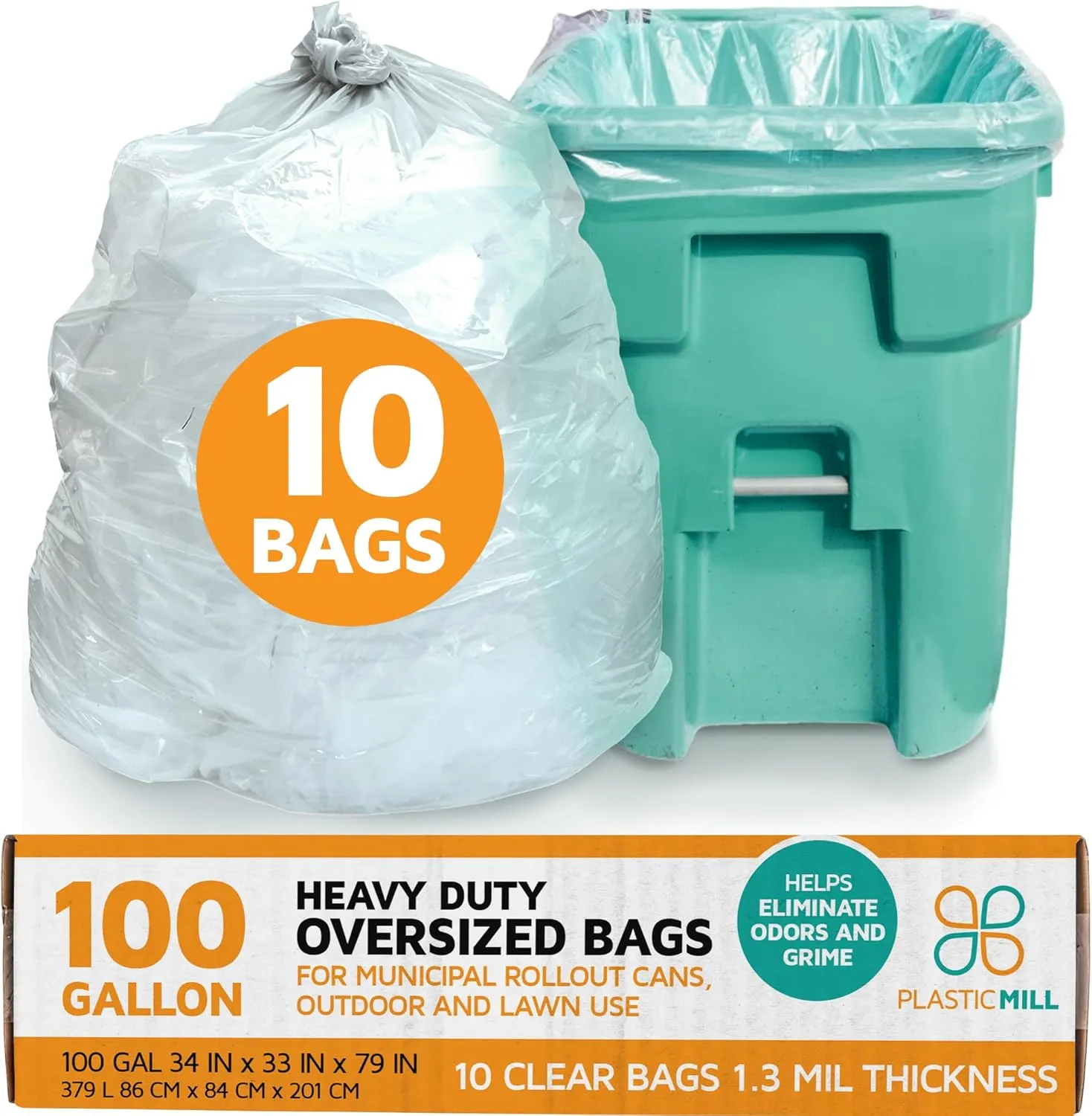 PlasticMill Heavy Duty Trash Bags - Clear Garbage Bags - Plastic Trash Bags for Large Rolling Trash Bins - Tall Trash Bags - 100-Gallon Large Kitchen Trash Bags, 1.3 Mil, 67"x79" (10-Count)