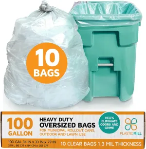 PlasticMill Heavy Duty Trash Bags - Clear Garbage Bags - Plastic Trash Bags for Large Rolling Trash Bins - Tall Trash Bags - 100-Gallon Large Kitchen Trash Bags, 1.3 Mil, 67"x79" (10-Count)