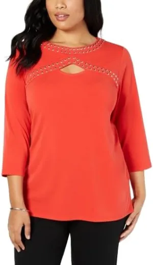 Plus Size Embellished Keyhole Top (Hot Red, 3X)