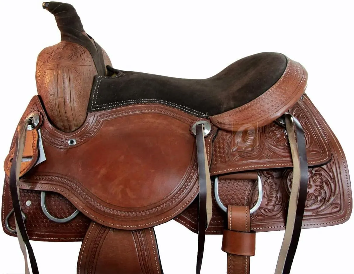 Pony and Adult Western Leather Horse Saddle Comfy Horse Seat Ranch Roping Racing Saddle Tree Trail Comfort Barrel Tack Size 10 to 18 Inch Seat