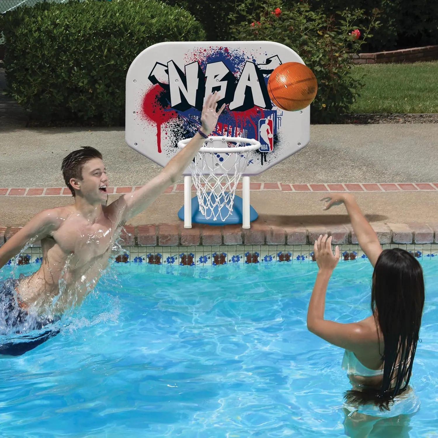 Poolmaster NBA Graffiti Pro Rebounder Poolside Basketball Goal Set with Base, Backboard, Hoop, Net, and Ball