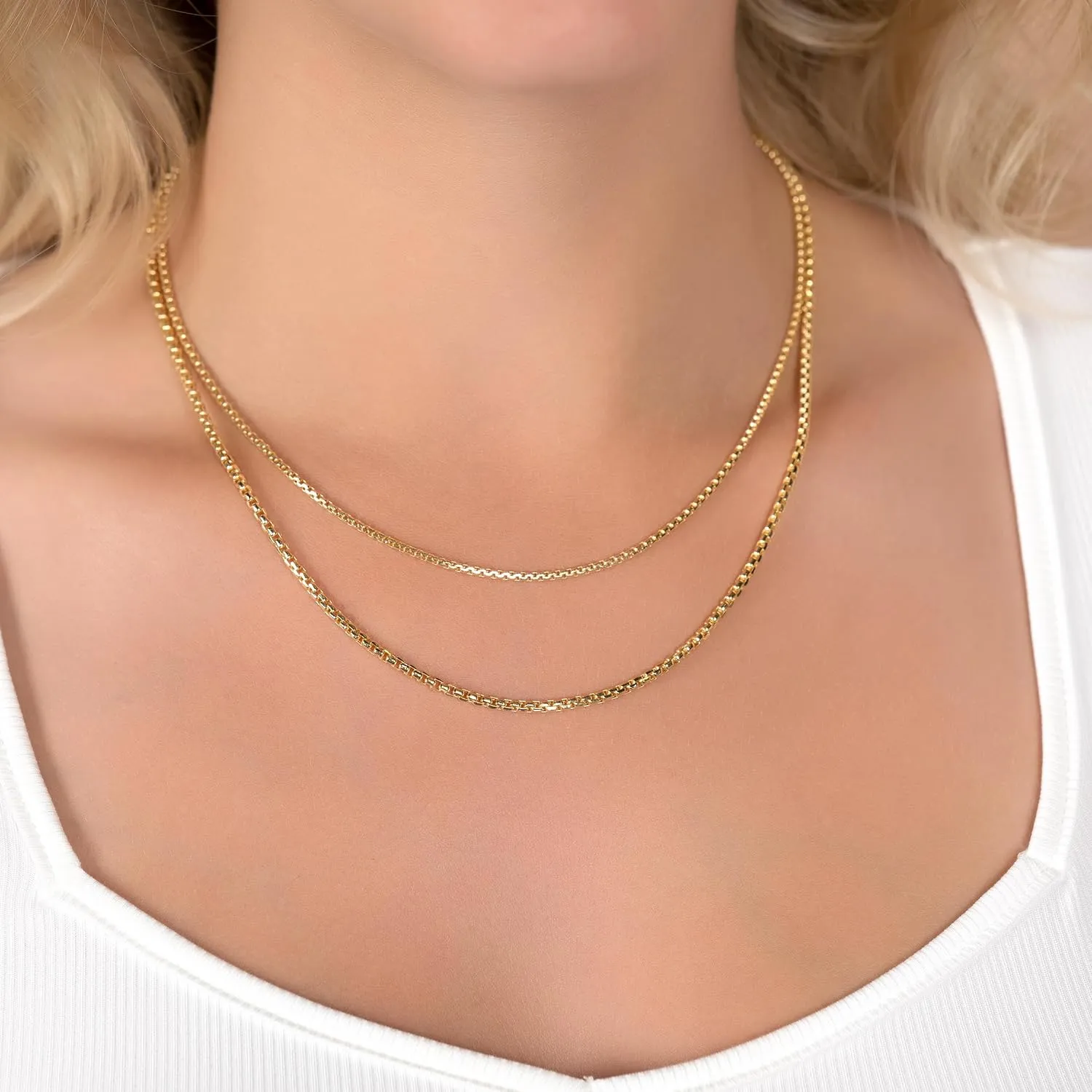 PORI JEWELERS 14K Gold 1.8MM, 2.5MM, or 3.5MM Round Box Chain Necklace -16"-30" Yellow or White Gold- For Men and Women