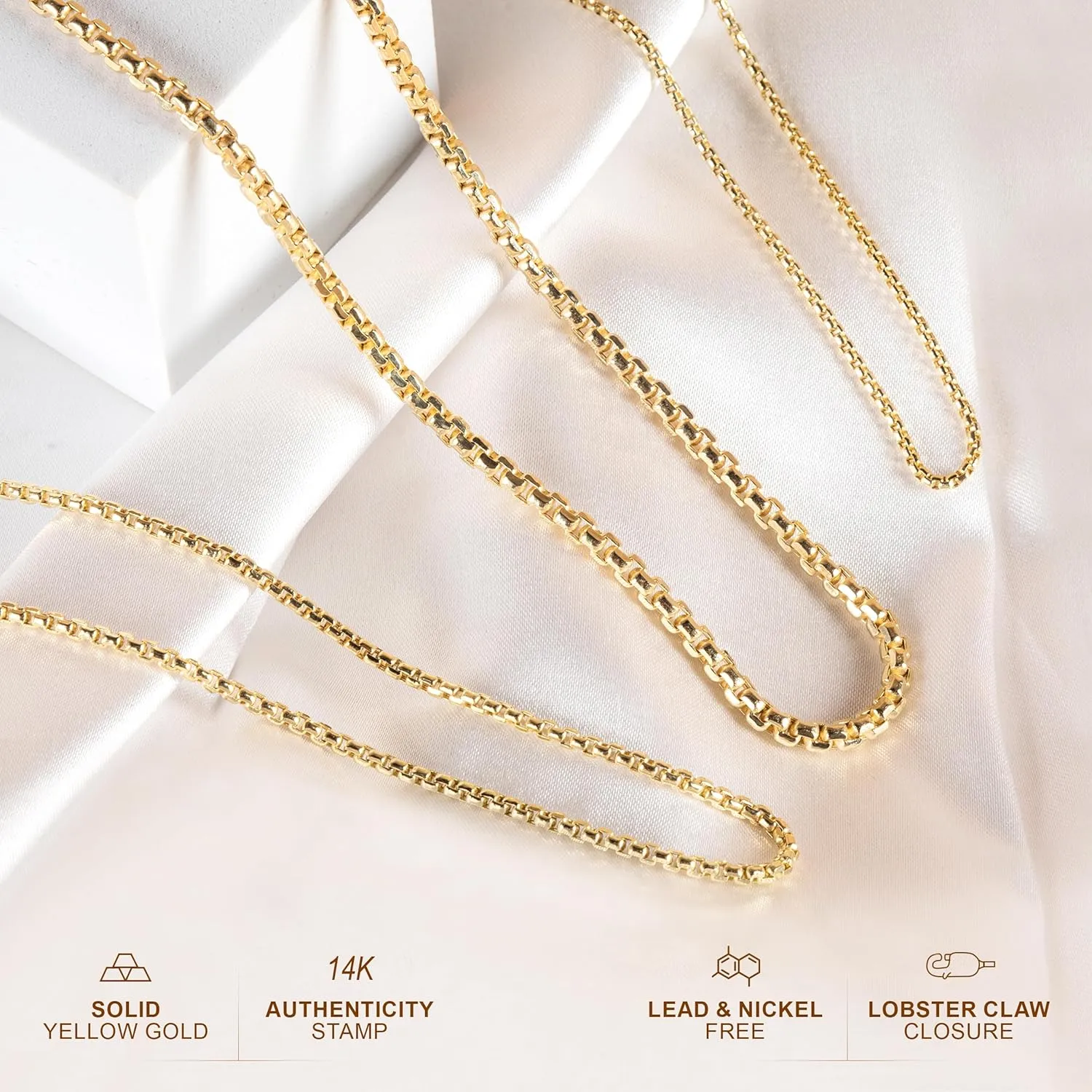 PORI JEWELERS 14K Gold 1.8MM, 2.5MM, or 3.5MM Round Box Chain Necklace -16"-30" Yellow or White Gold- For Men and Women