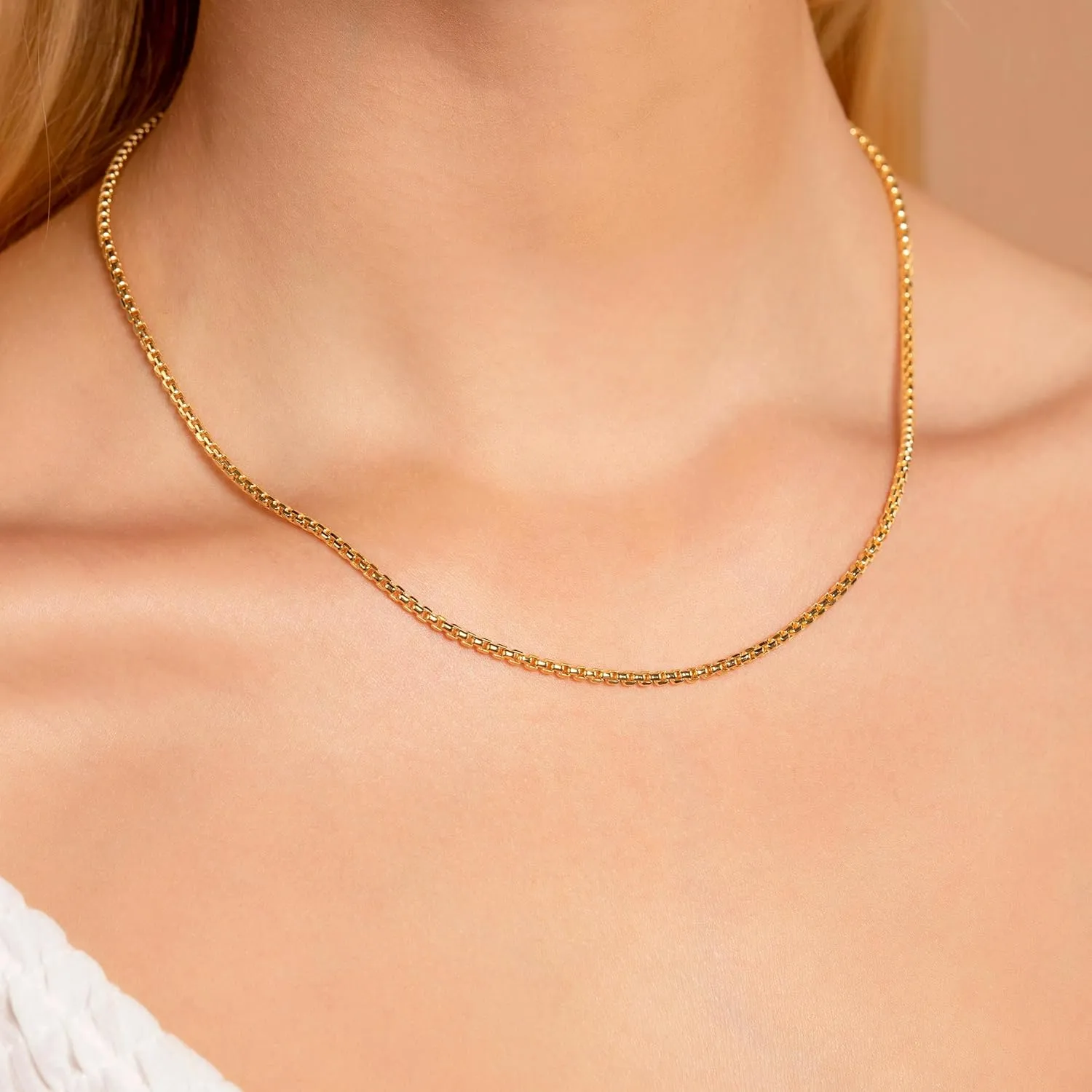PORI JEWELERS 14K Gold 1.8MM, 2.5MM, or 3.5MM Round Box Chain Necklace -16"-30" Yellow or White Gold- For Men and Women