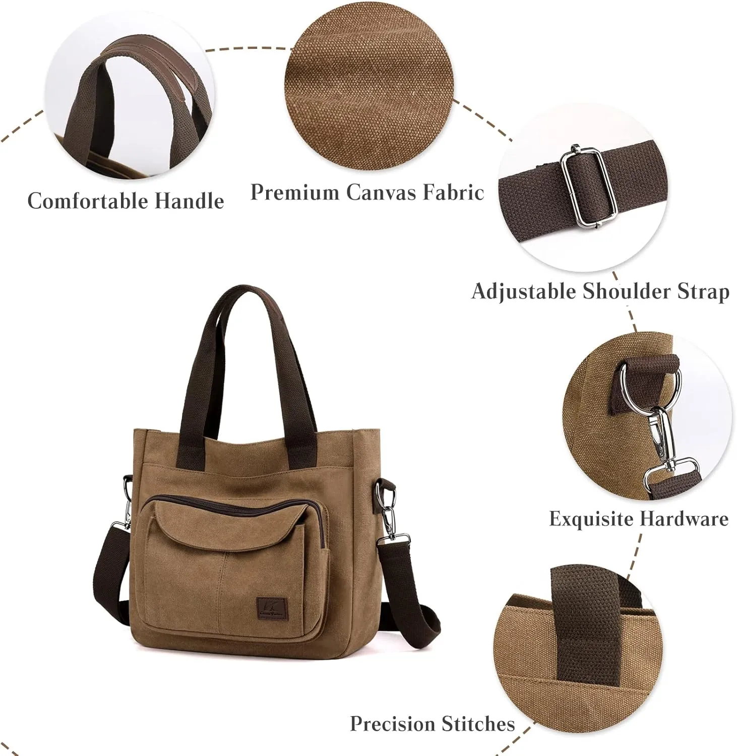 PORRASSO Women Crossbody Bag Canvas Shoulder Bag Tote Ladies Handbag Satchel Messenger Bag for Shopping Travel Work Daily Use Brown