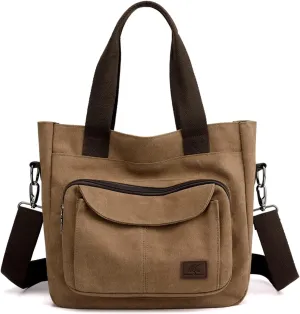 PORRASSO Women Crossbody Bag Canvas Shoulder Bag Tote Ladies Handbag Satchel Messenger Bag for Shopping Travel Work Daily Use Brown