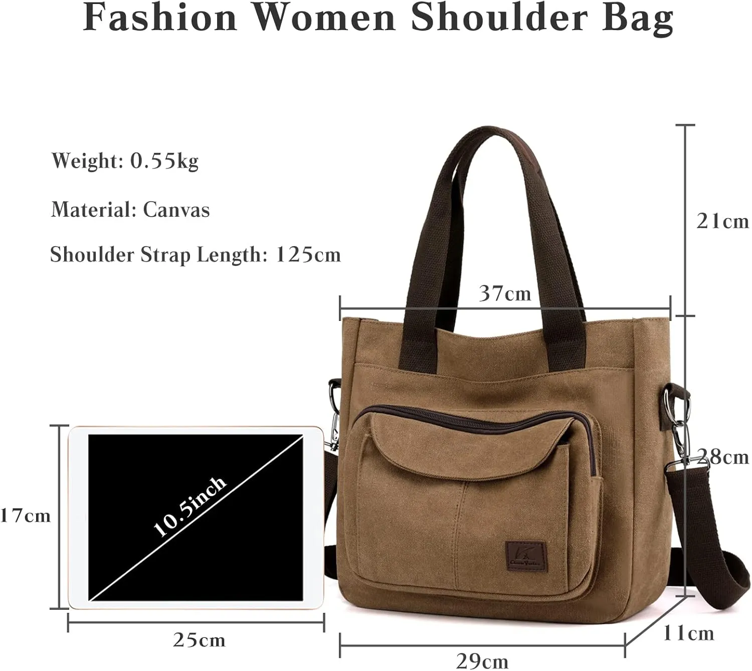PORRASSO Women Crossbody Bag Canvas Shoulder Bag Tote Ladies Handbag Satchel Messenger Bag for Shopping Travel Work Daily Use Brown