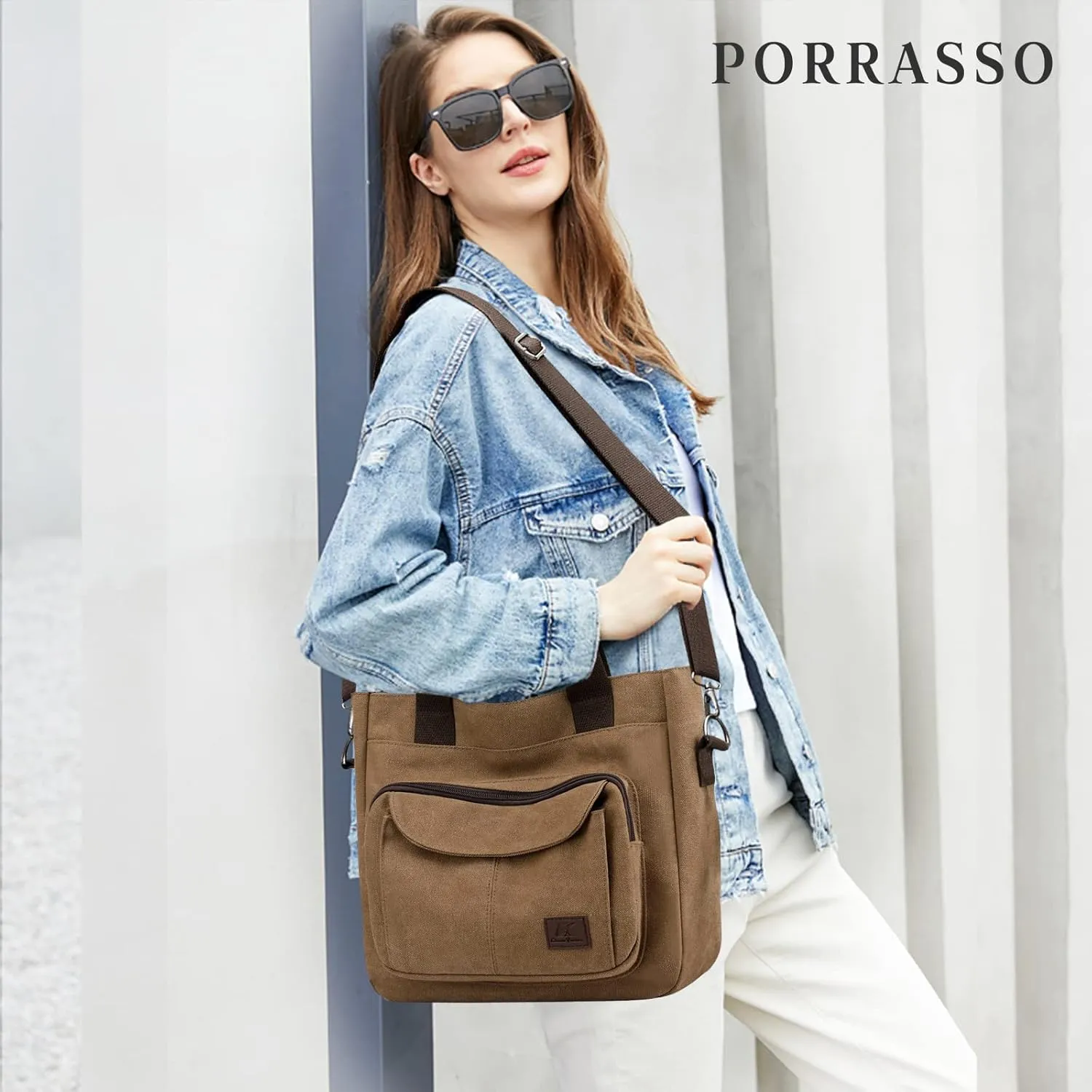 PORRASSO Women Crossbody Bag Canvas Shoulder Bag Tote Ladies Handbag Satchel Messenger Bag for Shopping Travel Work Daily Use Brown