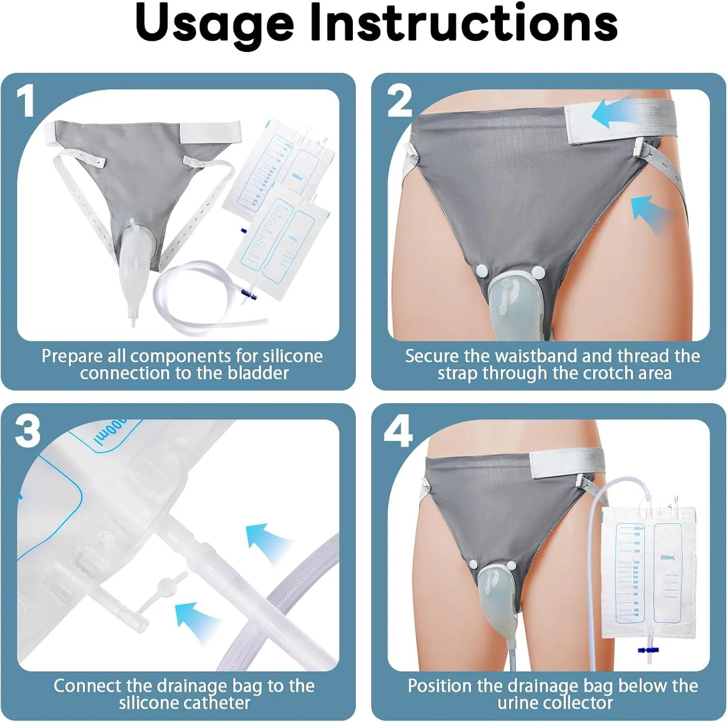 Portable Urine Collection System with 2 Silicone Bags (1000ml & 2000ml), 1.2M Tube, and Adjustable Breathable Pants, Men Grey
