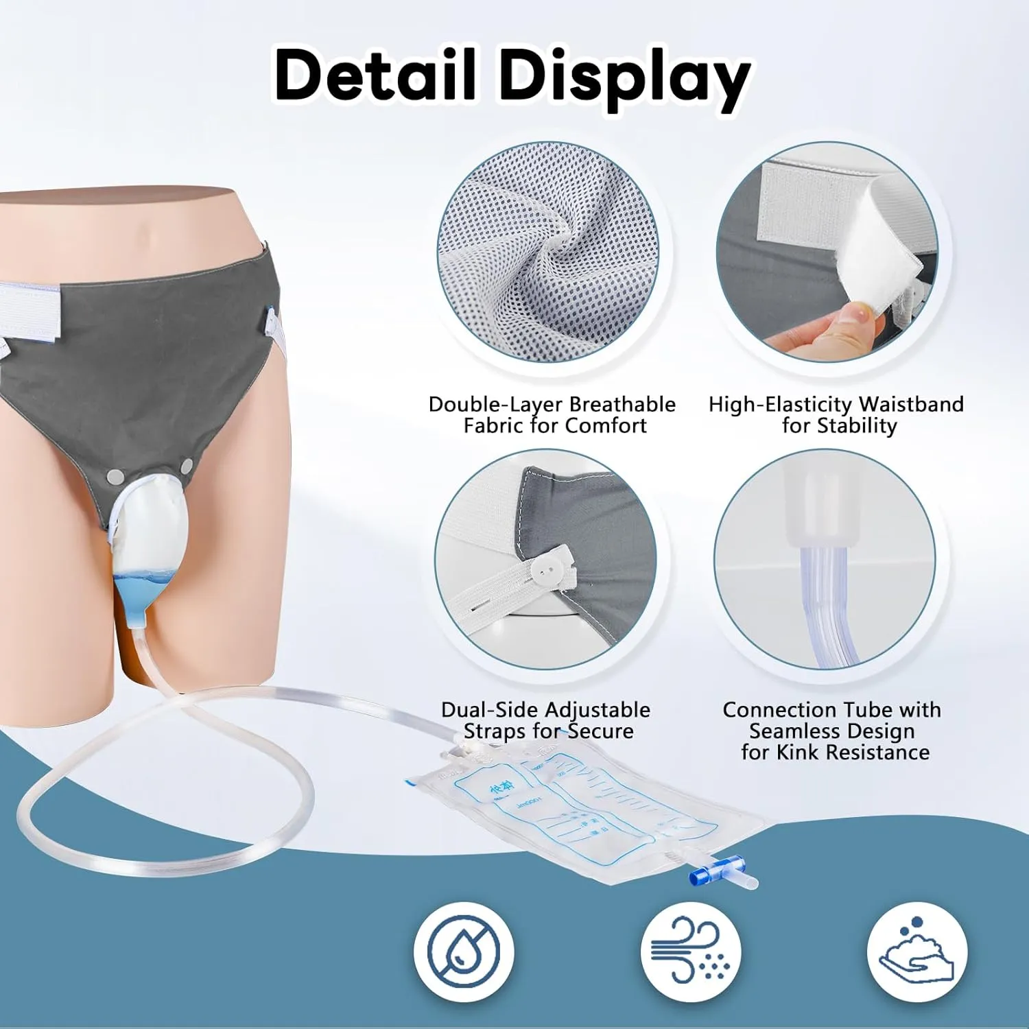 Portable Urine Collection System with 2 Silicone Bags (1000ml & 2000ml), 1.2M Tube, and Adjustable Breathable Pants, Men Grey