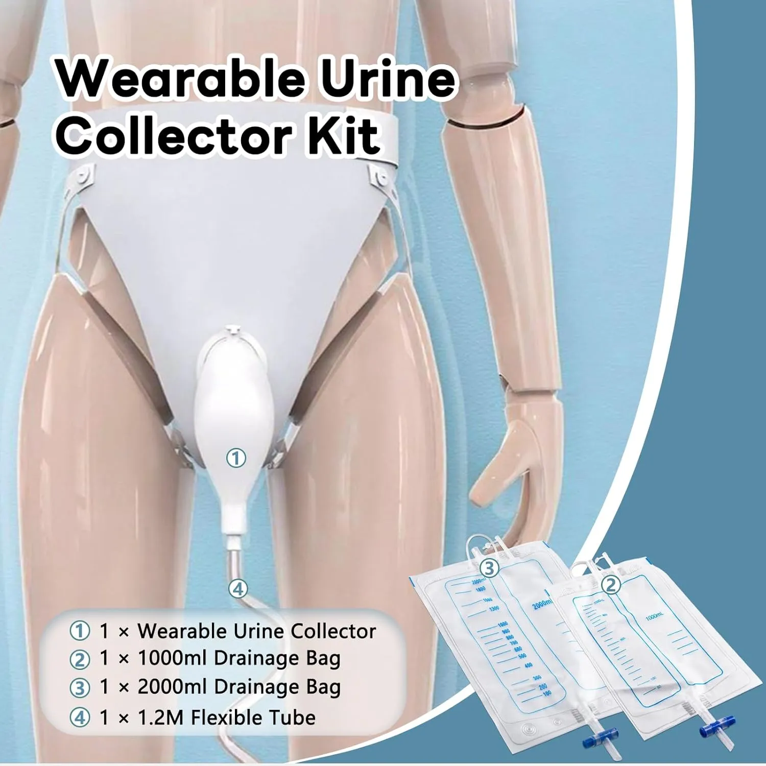 Portable Urine Collection System with 2 Silicone Bags (1000ml & 2000ml), 1.2M Tube, and Adjustable Breathable Pants, Men Grey