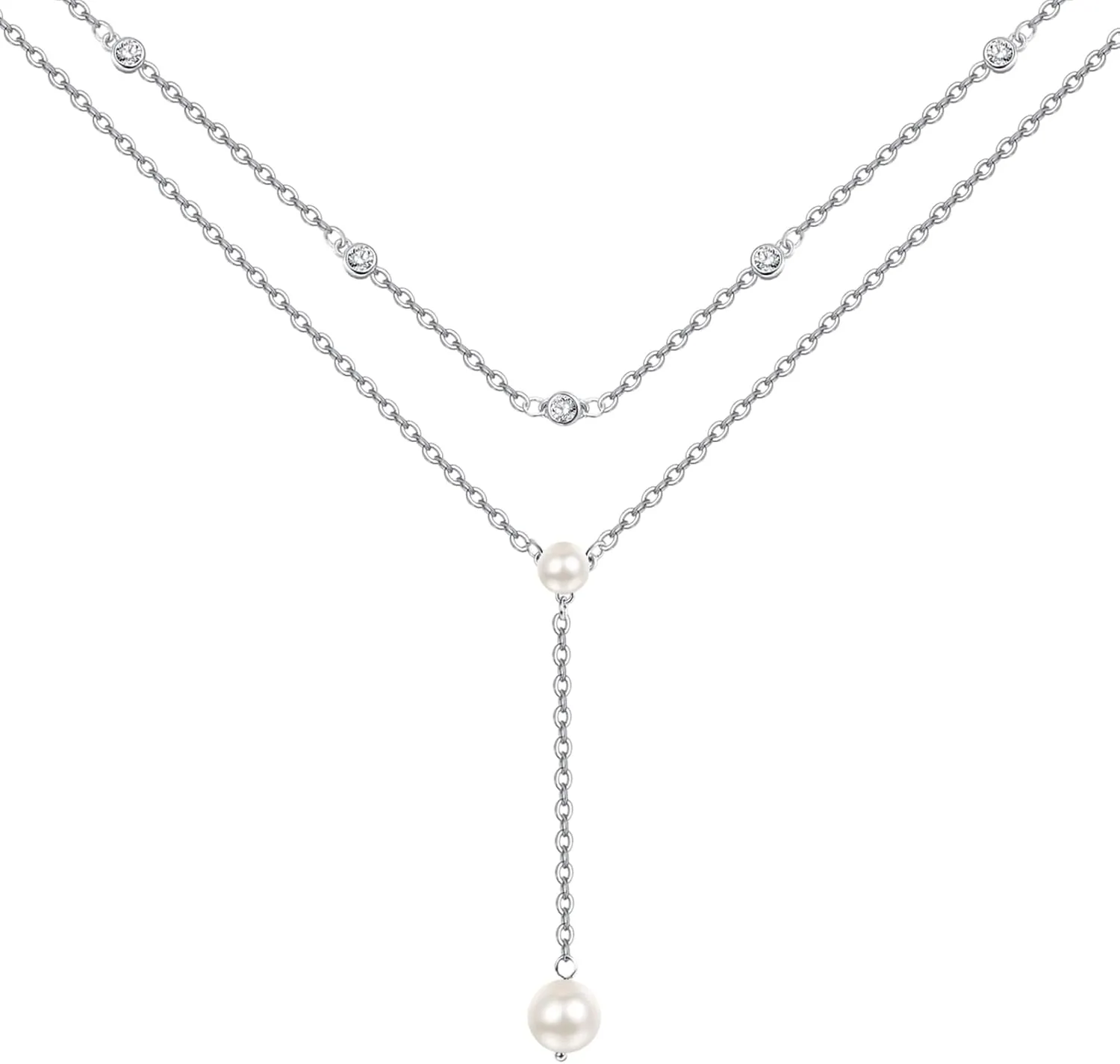 PRAYMOS Pearl Necklace for Women Sterling Silver Simple Fashion Trendy Dainty Pearl Necklace Long Layered Pearls Necklace Pearl Jewelry Gifts …