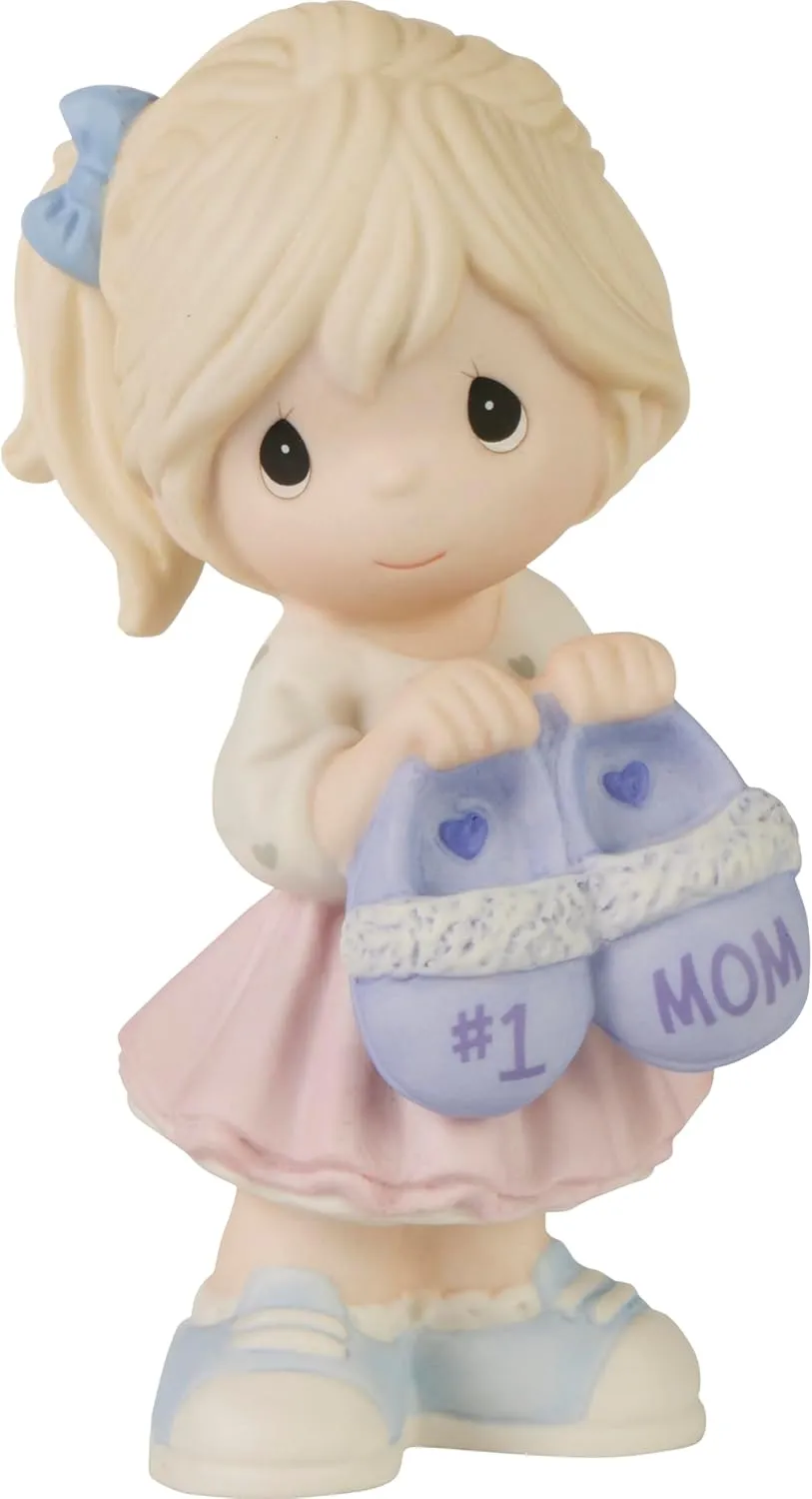 Precious Moments Mother's Day Figurine | #1 Mom Boy Bisque Porcelain Figurine Mom's Birthday | Hand-Painted (Girl)