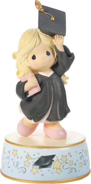 Precious Moments Resin Figurine: Graduation Musical with Blonde Girl in Black Gown, Celebratory Keepsake for Graduation from Kindergarten to Grad School, Plays Pomp and Circumstance