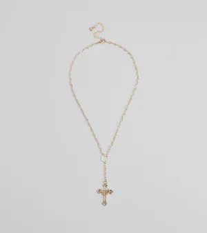Pretty Sparkle Rhinestone Cross Pearl Lariat Necklace
