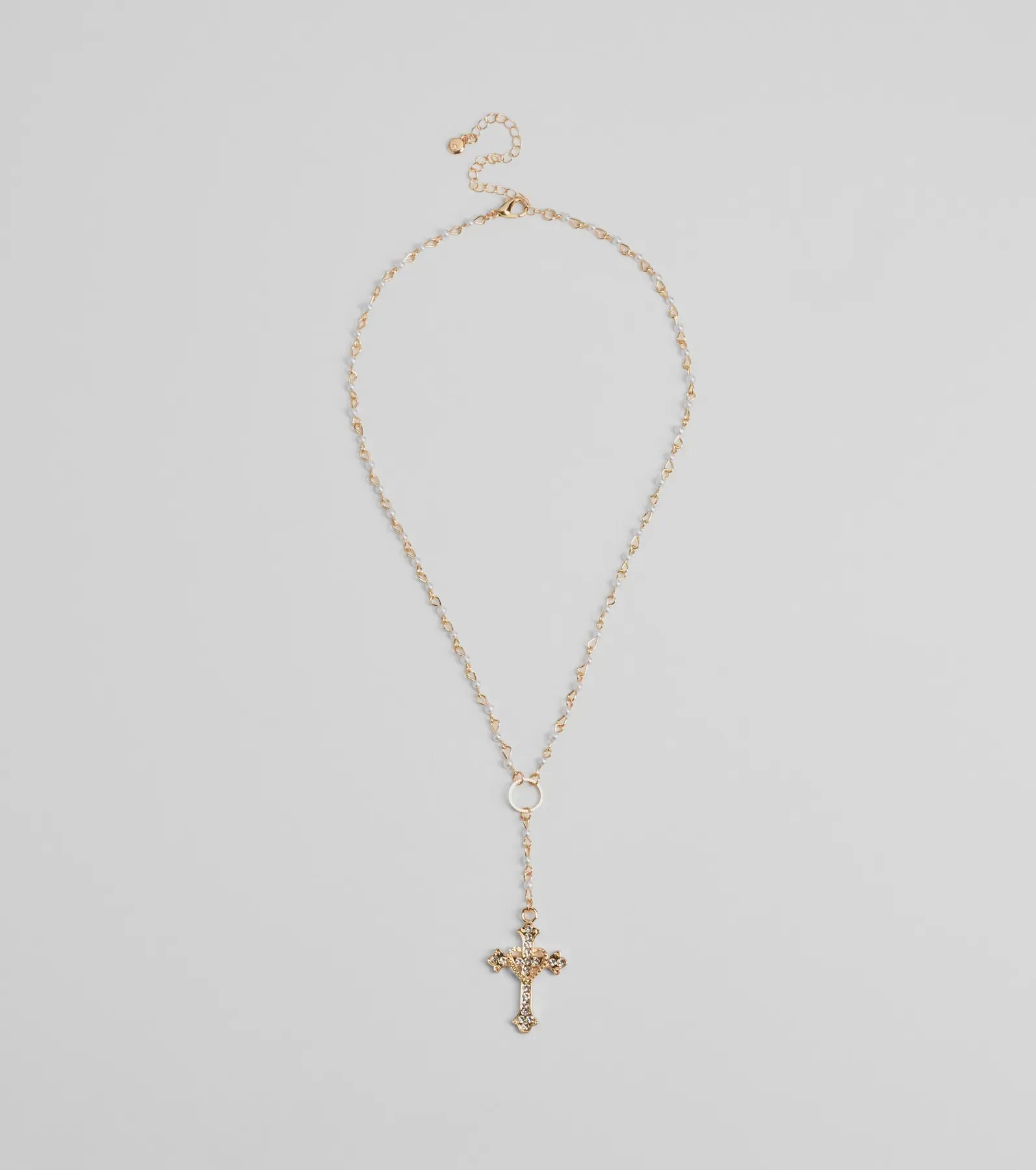 Pretty Sparkle Rhinestone Cross Pearl Lariat Necklace