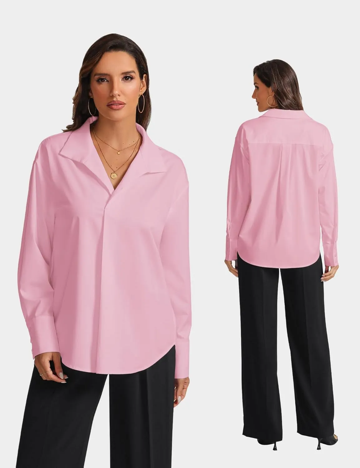 Prettywear Womens Long Sleeve Work Shirts Lapel V Neck Business Casual Blouse Solid Loose Office 2025 Spring Dressy Top