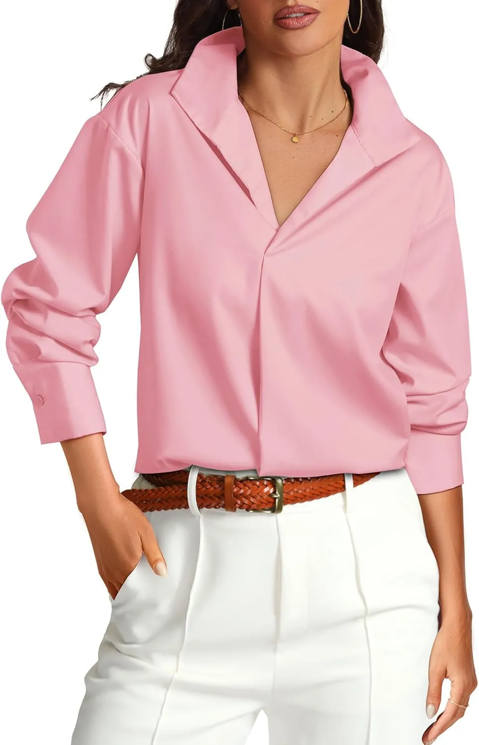 Prettywear Womens Long Sleeve Work Shirts Lapel V Neck Business Casual Blouse Solid Loose Office 2025 Spring Dressy Top