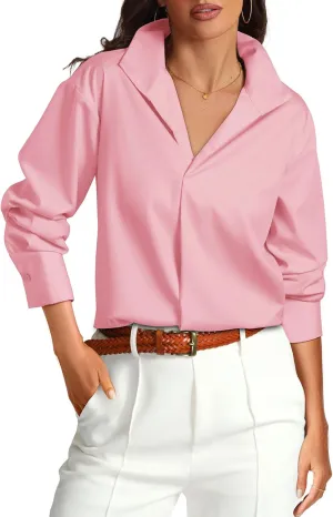 Prettywear Womens Long Sleeve Work Shirts Lapel V Neck Business Casual Blouse Solid Loose Office 2025 Spring Dressy Top