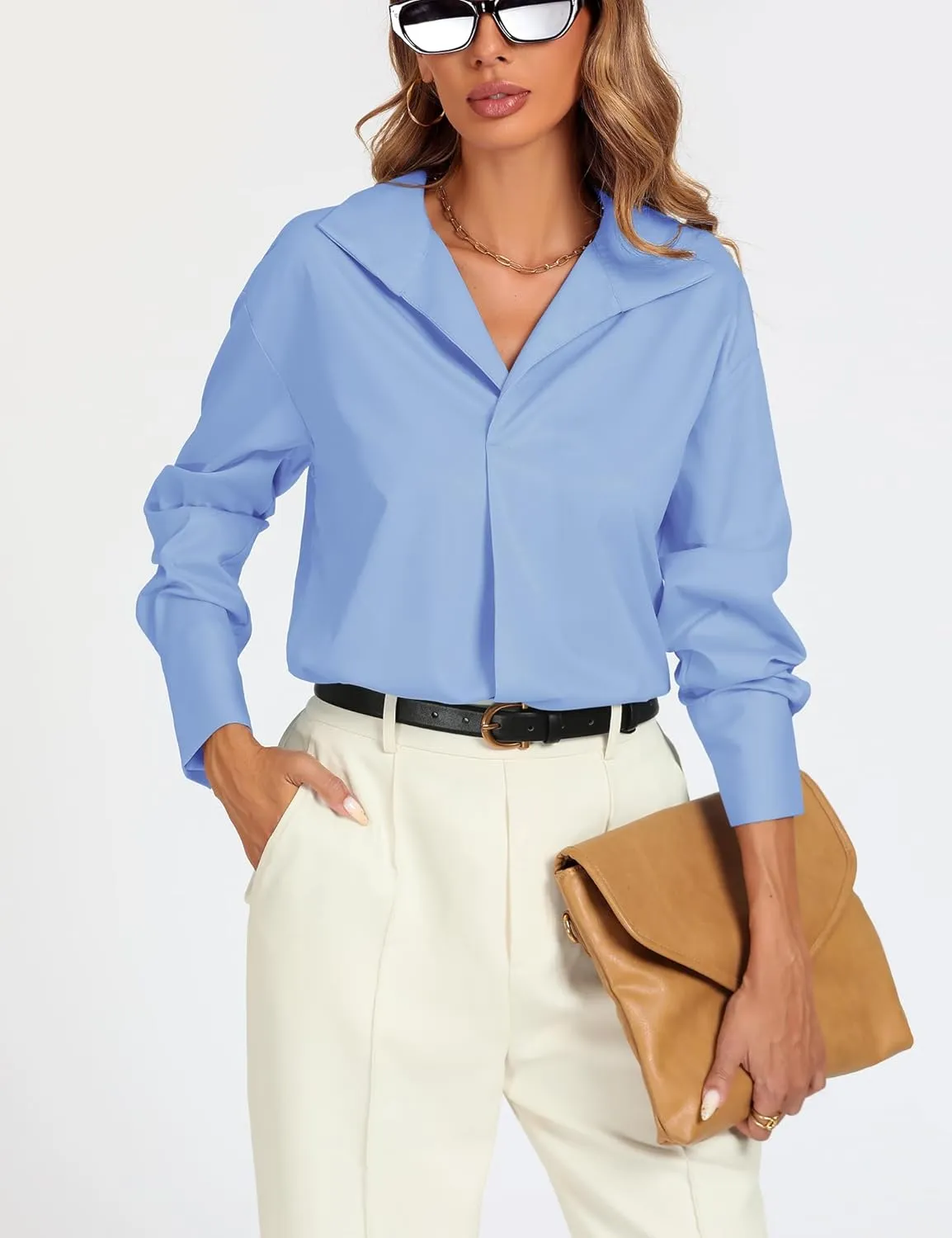 Prettywear Womens Long Sleeve Work Shirts Lapel V Neck Business Casual Blouse Solid Loose Office 2025 Spring Dressy Top